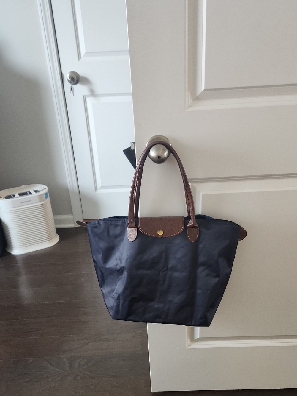 Navy Blue Tote Bag with Brown Trim - Classic Everyday Handbag